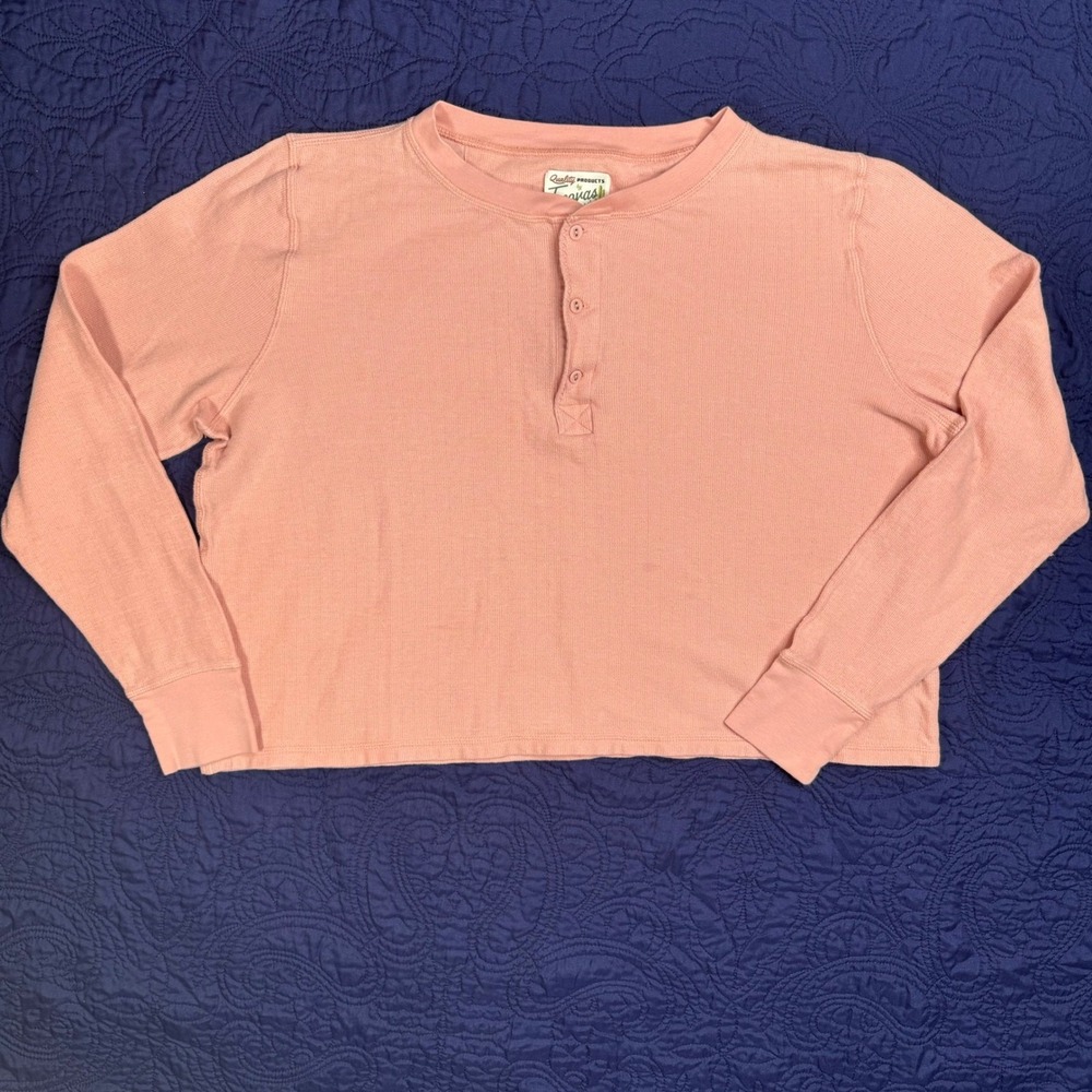 Tecovas Womens XL Pink Waffle Knit Long Sleeve Henley Cropped Top Oversized